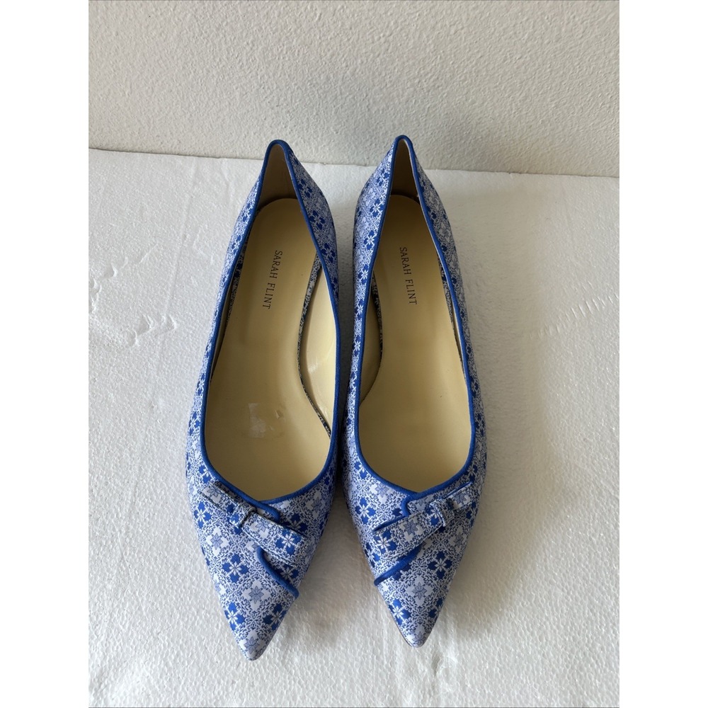 Sarah Flint Natalie Bow Pointed Flat Blue White Leather Size 43/US 12 .5 Preppy